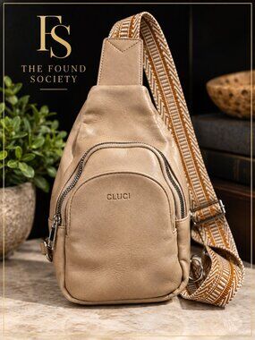 CLUCI Taupe Sling Crossbody Bag with Woven Boho Strap